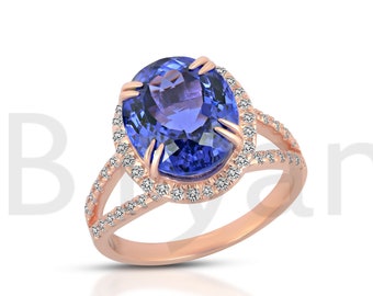 4.9Ct Natural Oval Cut Tanzanite Engagement Ring In 14K Rose Gold | Split Shank AAAA Tanzanite & Diamond Anniversary Ring | Gifts For Her
