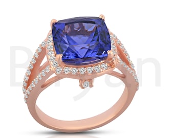 4.6Ct Natural Cushion Shape Tanzanite Engagement Ring In 14K Solid Rose Gold | Split Shank AAAA Tanzanite & Diamond Ring | Promise Ring