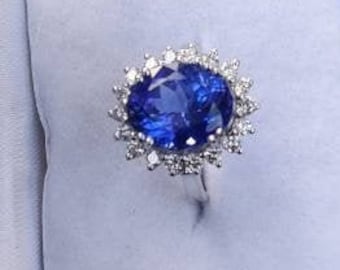 4.7Ct Natural Tanzanite Engagement Ring In 14K Solid White Gold | AAAA Tanzanite & Diamond Halo Wedding Ring | Oval Shape Tanzanite Rings