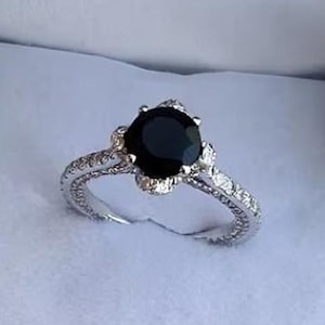 Natural Black Onyx Engagement Ring In 14K Solid White Gold | Black Onyx & Diamond Hidden Halo Wedding Ring | Anniversary Ring | Promise Ring
