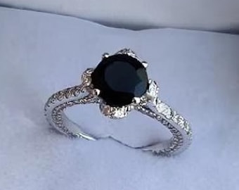 Natural Black Onyx Engagement Ring In 14K Solid White Gold | Black Onyx & Diamond Hidden Halo Wedding Ring | Anniversary Ring | Promise Ring