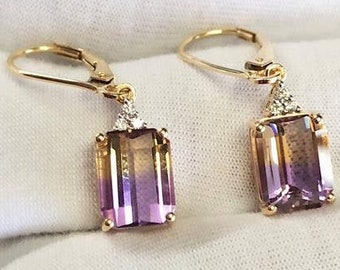 Bio-Colour Natural Ametrine Earrings In 14K Solid Rose Gold | Dangle Ametrine & Diamond Earrings | Emerald Shape Ametrine Earrings