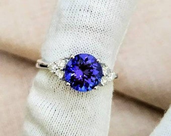 2.4Ct Natural Round Cut Tanzanite Engagement Ring In 14K Solid White Gold,Solitaire Tanzanite & Diamond Ring,December Birthstone Jewelry