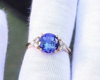 2.4Ct Natural Round Cut Tanzanite Engagement Ring In 14K Solid Rose Gold,Women's Tanzanite & Diamond Ring,Perfect Anniversary Gifts For Wife