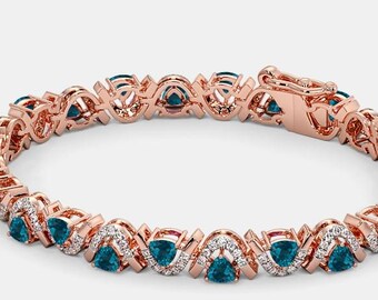 Trillion Shape London Blue Topaz Tennis Bracelet In 925 Sterling Silver | Natural Blue Handmade Bracelet | Blue Topaz Anniversary Bracelet