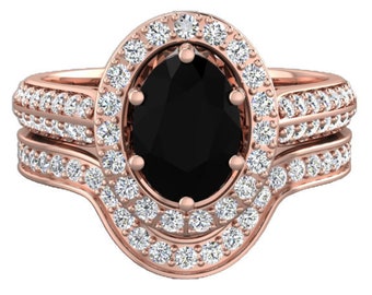Unique Natural Black Onyx Engagement Ring Set In 14K Solid Rose Gold,Gorgeous Black Onyx & Diamond Halo Ring,Curved Diamond Band