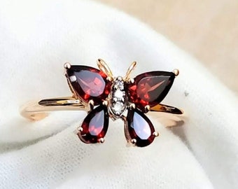 Natural Pear Cut Red Garnet butterfly Ring,14K Solid Yellow Gold Garnet & Diamond Engagement Rings,Unique Garnet Wedding Ring,Gifts For Her
