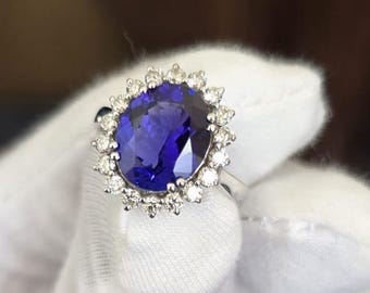 4Ct Oval Tanzanite Engagement Ring: Diamond Halo, 14K White Gold