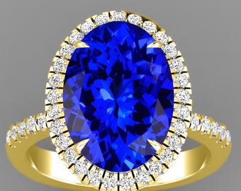 5.9Ct Natural Tanzanite Ring | Tanzanite Engagement Ring In 14K Yellow Gold | AAAA Tanzanite & Diamond Halo Ring | December Birthstone