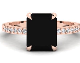 Solitaire Natural Black Onyx Engagement Ring In 14K Solid Rose Gold | Gorgeous Black Onyx & Diamond Wedding Ring | Anniversary Gift For Wife