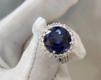 7.50Ct Natural Round Shape Tanzanite Engagement Ring In 14K Solid White Gold | Tanzanite & Diamond Wedding Ring | December Birthstone