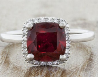 Natural Cushion Shape Red Garnet Engagement Ring In 14K Solid White Gold Unique Red Garnet & Diamond Halo Anniversary Ring | Gifts For Her