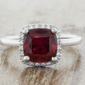 Natural Red Garnet Ring | Garnet Engagement Ring In 14K White Gold | Red Garnet & Diamond Halo Ring | January Birthstone | Handmade Ring