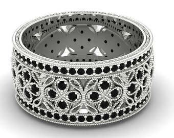 Vintage Black Diamond Engagement Band Ring In 14K Solid White Gold | Unique Black Diamond Wedding Bands | Black Diamond Anniversary Bands