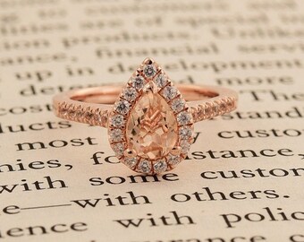 Natural Pear Shape Morganite Engagement Ring In 14K Rose Gold | Morganite & Diamond Halo Wedding Ring | Promise Ring | Anniversary Ring