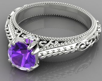 Natural Round Shape Amethyst Engagement Ring In 14K Solid White Gold | Vintage Amethyst & Diamond Anniversary Ring | February Birthstone