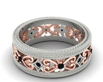 Two Tone Engagement Band | 14K Solid White & Rose Gold Bands | Two Tone Wedding Band | Vintage Two Tone Black Onyx Bands | Promise Bands