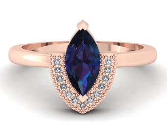 Marquise Shape Alexandrite Engagement Ring In 14K Solid Rose Gold | Lab Grown Alexandrite & Diamond Wedding Ring | Anniversary Ring