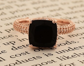 Natural Cushion Shape Black Onyx Engagement Ring In 14K Solid Rose Gold | Black Onyx & Diamond Hidden Halo Ring | Anniversary Ring |