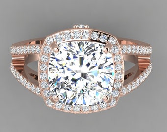 4.1Ct Cushion Shape Lab Grown Diamond Engagement Ring In 14K Solid Rose Gold | Split Shank Lab Grown Diamond Wedding Ring | Anniversary Gift