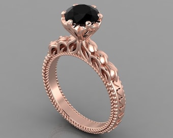 1Ct Solitaire Black Diamond Engagement Ring In 14K Solid Rose Gold | Vintage Round Shape Black Diamond Wedding Ring | Anniversary Gifts
