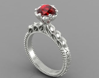 Natural Round Shape Red Garnet Engagement Ring In 14K Solid White Gold | Solitaire Garnet Wedding Ring | January Birthstone | Promise Ring
