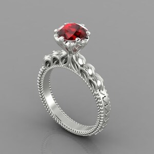 Natural Round Shape Red Garnet Engagement Ring In 14K Solid White Gold | Solitaire Garnet Wedding Ring | January Birthstone | Promise Ring