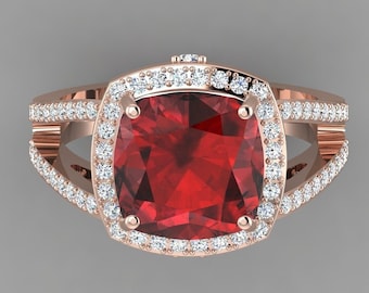 Natural Cushion Shape Red Garnet Engagement Ring In 14K Rose Gold | Split Shank Garnet & Diamond Halo Wedding Ring | January Birthstone