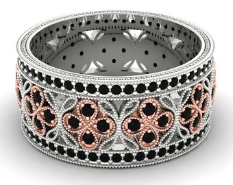 2Ct Black Diamond Two Tone Band In 14K Solid White Gold | Unique Black Diamond Bands Ring | Filigree Women's Wedding Band | Gifts For Mother