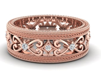 14K Solid Rose Gold Engagement Band,Filigree Diamonds Band | Vintage Bands | Women's Wedding Band | Anniversary Bands | Promise Bands