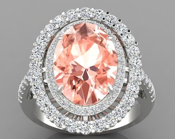 4.9Ct Natural Oval Shape Morganite Engagement Ring In 14K Solid White Gold | Morganite & Diamond Double Halo Wedding Ring | Promise Ring