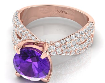 Gorgeous Natural Round Cut Amethyst Engagement Ring In 14K Solid Rose Gold,Unique Amethyst & Diamond Ring,Gifts For Wife,February Birthstone