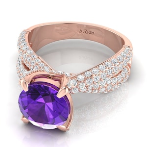 Gorgeous Natural Round Cut Amethyst Engagement Ring In 14K Solid Rose Gold,Unique Amethyst & Diamond Ring,Gifts For Wife,February Birthstone