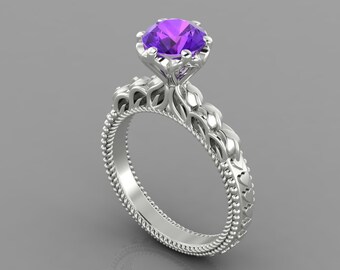 Solitaire Amethyst Wedding Ring In 14K Solid White Gold | Vintage Natural Round Shape Amethyst Wedding Ring | February Birthstone Jewelry