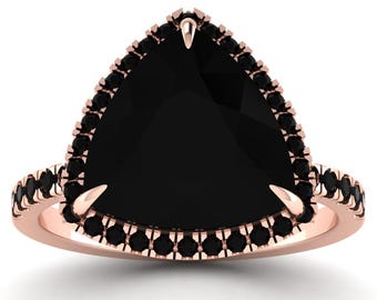 7Ct Natural Black Onyx Engagement Ring In 14K Solid Rose Gold | Unique Black Onyx & Diamond Halo Ring | Anniversary Ring | Promise Ring