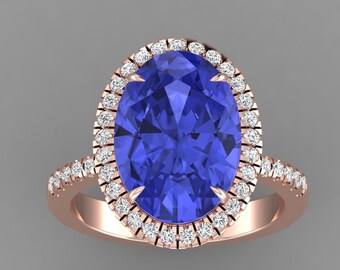5.9Ct Genuine Oval Shape Tanzanite Engagement Ring In 14K Solid Rose Gold,Natural Tanzanite & Diamond Halo Ring,December Birthstone