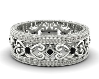 Unique Filigree Bands In 925 Sterling Silver,Black Onyx Bands,Vintage Filigree Black Onyx Band,Anniversary Bands,Bridal Wedding Bands