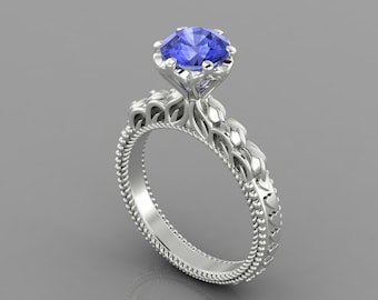 Natural Round Shape Tanzanite Engagement Ring In 14K Solid White Gold | Solitaire AAA Tanzanite Wedding Ring | Tanzanite Anniversary Ring