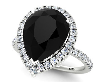 Natural Pear Shape Black Onyx Engagement Ring In 14K White Gold | Black Onyx & Natural Diamond Halo Wedding Ring | Anniversary Gift For Wife