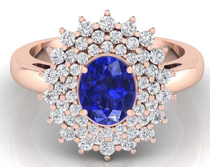 Featured listing image: 1.5Ct Natural Tanzanite Engagement Ring In 14K Solid Rose Gold | AAAA Tanzanite & Diamond Double Halo Wedding Ring | December Birthstone