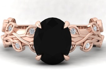 Leaf Natural Black Onyx Engagement Ring In 925 Sterling Silver,Unique Black Onyx & Diamond Wedding Ring,Perfect Anniversary Gifts For Wife