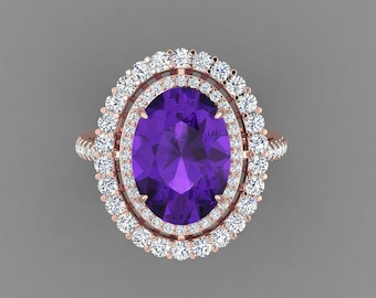 Natural Oval Shape Amethyst Engagement Ring In 14K Solid Rose Gold | Amethyst & Diamond Double Halo Wedding Ring | February Birthstone