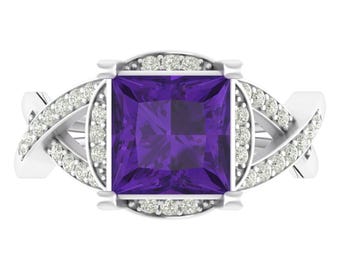 Natural Princess Shape Amethyst Engagement Ring In 14K Solid White Gold | Infinity Shank Amethyst & Diamond Ring | February Birthstone