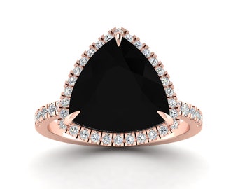 Unique Trillion Cut Black Onyx Engagement Ring In 14K Solid Rose Gold | Gorgeous Black Onyx & Diamond Halo Ring,Anniversary Gifts For Wife