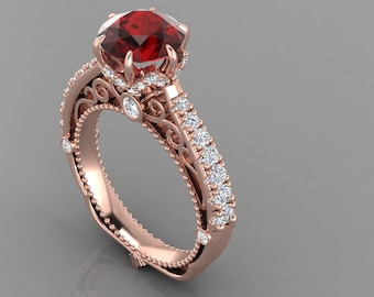 Vintage Natural Red Garnet Engagement Ring In 14K Solid Rose Gold | Red Garnet & Diamond Wedding  Ring | Anniversary Ring | Promise Rings