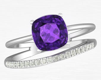 Natural Cushion Shape Amethyst Engagement Ring In 14K Solid White Gold | Double Band Amethyst & Diamond Wedding Ring | February Birthstone
