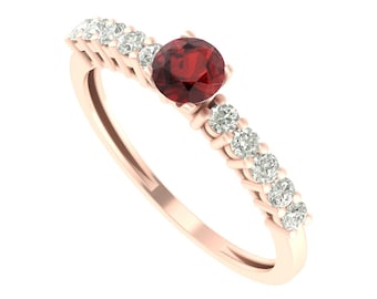 Natural Round Shape Red Garnet Engagement Ring In 14K Solid Rose Gold | Red Garnet & Diamond Wedding Ring | Garnet Anniversary Rings
