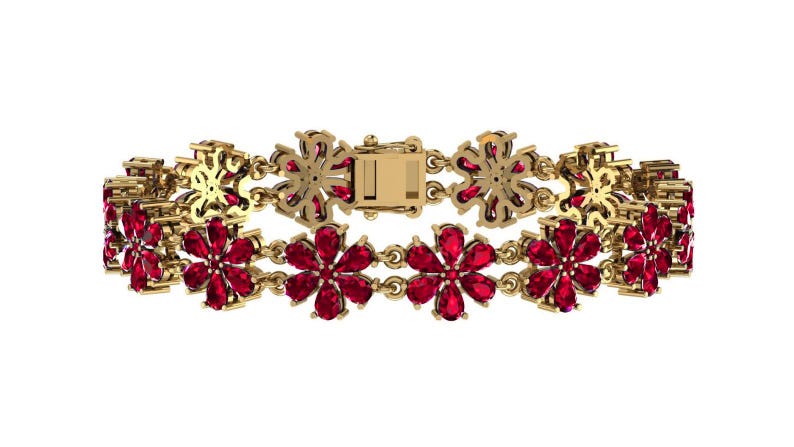 May include: A gold bracelet with a floral design, set with red gemstones. The bracelet is made up of flower-shaped links, connected by smaller links. The clasp is rectangular and gold. The gemstones are a deep red colour.
