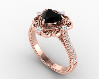 Natural Heart Cut Black Onyx Engagement Ring In 14K Solid Rose Gold,Women's Black Onyx & Diamond Ring,Perfect Christmas Gifts For Her