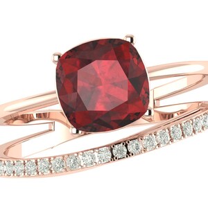 Natural Cushion Cut Red Garnet Engagement Ring In 14K Solid Rose Gold,Double Bands Garnet & Diamond Ring,Perfect January Birthstone